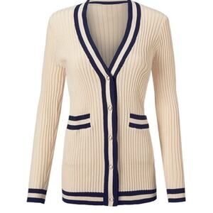 CAbi Radcliffe 5458 Varsity Stripe Cream Navy Button Front Cardigan Size Medium